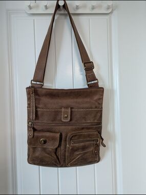 Roots Brown Leather Messenger Crossbody Bag